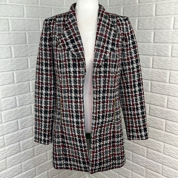 CALVIN KLEIN TWEED JACKET CAREER BLACK RED WHITE OPEN FRONT SIZE 4 - Picture 4 of 16